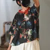 女性のためのジョニーチャービンテージラミー夏のシャツのためのフローラルスタンドブラウスボタン半袖女性ルーズシャツトップス210521