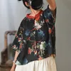 Johnature Vintage Ramie Summer Camicie per le donne Stampa Stand Floral Stand Blouss Button Manica Corta Femminile Shirts allentati Top 210521