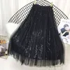 Spring Summer Skirts Women Korea Long Tulle Skirt Sequined Pleated A Line Midi Skirt Chic High Waist Skirt Female 210426