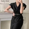 Robe de femme élégante à volants manches noires chic double boutonnage fête es vestido coréen business luxe long 210603