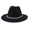 Wide Brim Hats 2021 Wool Jazz Fedora Casual Men Women Leather Pearl Ribbon Felt Hat White Pink Yellow Panama Trilby Formal Party Cap