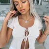 Sexy Crated Top Lace Up Up Short Sleeve Hollow Out Front Split Hem Owk Opin Slim Women Fashion Summer Streetwear sexy 210522