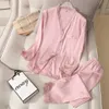 Mechcitiz Pajamas Satin女性2個睡眠セットセクシースプリーウェアパンツ秋シルクパジャマ着物バスローブナイトウェア210830