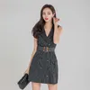 Black Office Stripe Dress korean ladies Summer SLeeveless V neck Belt Mini Party A line formal Dresses for women 210602