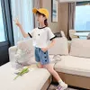 女の子服セットハートTシャツ+デニムショートコスチュームのパッチワーク10代の夏の子供のトラックスーツ210528