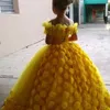 2021 Leuke Gele Bloem Meisje Jurken Off Schouder Illusion Neck Hand Made Flowers Crystal Kralen Verjaardag Klein Meisjes Trouwjurk Communie Pageant Towns Tule