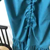 Mulheres Azul Tamanho Big Shirring Ruffles Vestido Longo V-Neck Meio Buff Manga Solta Moda Primavera Verão 2F0497 210510