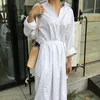 Autunno moda marea bianco colletto rovesciato manica lunga tasche monopetto fusciacche abito donna 12806 210427
