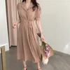 Женское летнее льняное платье, рубашка в стиле ретро с повязкой на талии, на шнуровке, абрикосовый розовый халат, свободная одежда, шикарная 16W1038 210510