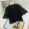 Neploe Elegant Lace Hollow Out Werk Stijl Ol Blouse Vrouwen O Hals Korte Mouw Trui Blusas Zomer Effen Shirt Femme 210510