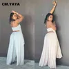 CM.YAYA Women Sets Solid Sleeveless Spaghetti Strap Back Hollow Out X-long Tops Loose Floor-length Pants 2 Piece Set Summer 211105