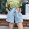 Sommarfärg Shorts Kvinnor Kort Pant Splice Flavour Retro Ladies Jean Ragged Side Wide Ben Trend Denim 210714