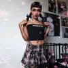 Y2K Femmes Stripe Black Pink Pleered Jirts Tank Vest Migne Sweet Girls School Jupe Plaid Lace Up Mini Goth Gants 210702