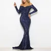 Elegant Slash Neck Sequined Maxi Dress Off the Shoulder Gold Navy Green Sequin Long Dress Floor Length Party Dress Gown 210719