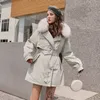 Зимние женщины большой настоящий меховой воротник с капюшоном длинные парки 90% белый уток пальто с поясом густой теплый ветровка