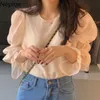 NEPLOE Women Bluzka Vintage Flare Rękaw O Neck Koszulki Lace-UP Miękkie Eleganckie Luźne Szyfonowe Topy Koreański Solidna Kolor Moda Blusas 210422
