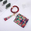 Fashion PU Leather Bracelet Wallet Keychain Tassels Bangle Key Ring Holder Card Bag Silicone Beaded Wristlet Handbag ID Purse Credit Pocket Tassel for Women