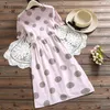 Japanse preppy stijl zomer vrouwen lace up jurk gegolfd wit paars zoete es polka dot bedrukt elegante schattige 210520