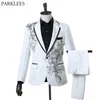 Mode broderi sequins blommig kostym blazer män en knapp vit 2 stycke kostym (jacka + byxor) party scen sångerkläder kostym x0909