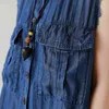 Johnature Frauen Vintage Denim Baumwolle Overalls Oansatz Patchwork Taschen Knopf Ärmellose Blau Gestreifte Frühling Overalls 210521