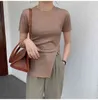 Korean O-neck Short Sleeve T Shirt Tops Women Splitting Stylish Solid Basic Tees Summer Casual Fashion Ladies T-shirts 210513