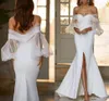 Sexy Split Mermaid Wedding Dresses Off Shoulder Puffy Sleeves Satin Tulle Bridal Gown Vestidos De Novia Custom Made 2022 robe de mariage