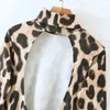 Summer Women Fashion Sexy Leopard Hollow Back T-shirt Female High Neck And Long Sleeves Chic Top 210520