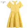 Mori Girl söta klänningar sommar kvinnor Peter Pan Collar Kortärmad Vintage Dress Animal Printed Femininos Yellow Vestidos 210520