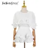 Casual Blanc Patchwork À Volants Chemises Pour Femmes O Cou À Manches Courtes Tunique Blouses Femme D'été De Mode Vêtements 210524