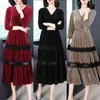 Vintage Velvet Long Maxi Dress With Belt Women Lace Splicing Sleeve V-neck Dresses Elegant Office Fashion Vestidos S-2xl 210513