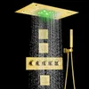 Geborsteld goud thermostatisch 14 x 20 inch led waterval regenval top-end douchekop badmixer kraan set body spuitstraal Alle functies kunnen samenwerken