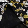 Zevity Frauen Vintage Stehkragen Blumendruck beiläufige dünne Midi-Kleid weiblich Puffärmel Falten Party eine Linie Vestido DS4670 210603