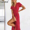 Femmes imprimé fleuri Boho longues robes à manches courtes à volants fête Maxi Sexy fendu Wrap plage été robe d'été 210508