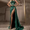 Dark Green Mermaid Long Evening Dresses Sexy High Slit Strapless Pleat Satin Plus Size Party Dresses For Women