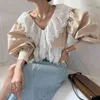 Summer Elegant V-neck Heavy Industry Lace Hollow Hook Pattern Stitching Design Loose Lantern Sleeve Shirt Top 16W948 210510