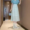 Юбка Угамера длинные продажи женщин голубой опрятный стиль девушки корейский дизайн высокие талии леопардовые юбки 210529