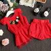 Ankomster sommar barn sätter kortärmad spets klänningar röd solid shorts söta 2st-tjejer kläder 2-7t 210629