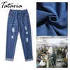 Татария тонкий карандаш брюки разорвал джинсы женщин с высокой талией винтажного парня для джинсовой гаремы 210514
