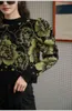 Suéter recortado con mangas abullonadas para mujer, jersey con estampado Floral negro, jerséis de punto para mujer, ropa de moda coreana de invierno 210427