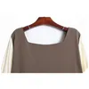 [EAM] Women Brown Big Size Sashes Bow Spliced Dress Square Neck Puff Sleeve Loose Fit Fashion Spring Autumn 1DD7242 21512