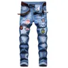 Mäns jeans män rippade smala fit stretch denim byxor god kvalitet bomullshål plus storlek elastiska streetwear byxor 42 värme22