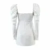 Frauen Retro Center Bow Bandage Kleider Weiß Langarm Mini Sexy Quadrat Kragen Mantel Vestidos Sommer Party 210520