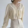 Fall Long Sleeve V-neck Women's Shirts Loose Pleat Temperament Retro Tops and Blouses Blusas Mujer 12513 210427