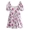 Сладкая розовая цветочная печать слойки с коротким рукавом мини-платье белые женщины задняя молния шарнирные платья платья с подкладкой Vestido 210429