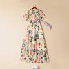 Women's Runway Dress O Neck Short Sleeves Printed Lace Up Sash Belt Fashion Mid Dresses Vestidos