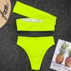 2020 Sexy Neon Green High Waist Bikini Kobiety Ribbed Swimsuit One Shoulder Swimwear Kobiet Bikini Set Brazylijski kostium kąpielowy Swim X0522