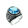 Cluster Rings Big Aquamarine Stone Hand Production 925 Silver Men 'S Ring