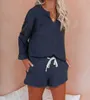 Autumn Women 2 Piece Set Sexy V Neck Long Sleeve Pullover Top And High Waist Drawstring Pocket Solid Shorts Ladies Loose Outfits 210526