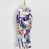 Vintage print jurk voor vrouwen v-hals bladerdeeg halve mouw hoge taille hit kleur midi jurken vrouwtjes zomer stijlvolle 210520