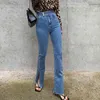 Mode Split bootleg jeans för kvinna hög midja elastiska koreanska denim byxor kvinnlig smal bred ben byxor kvinna blå botten 210616